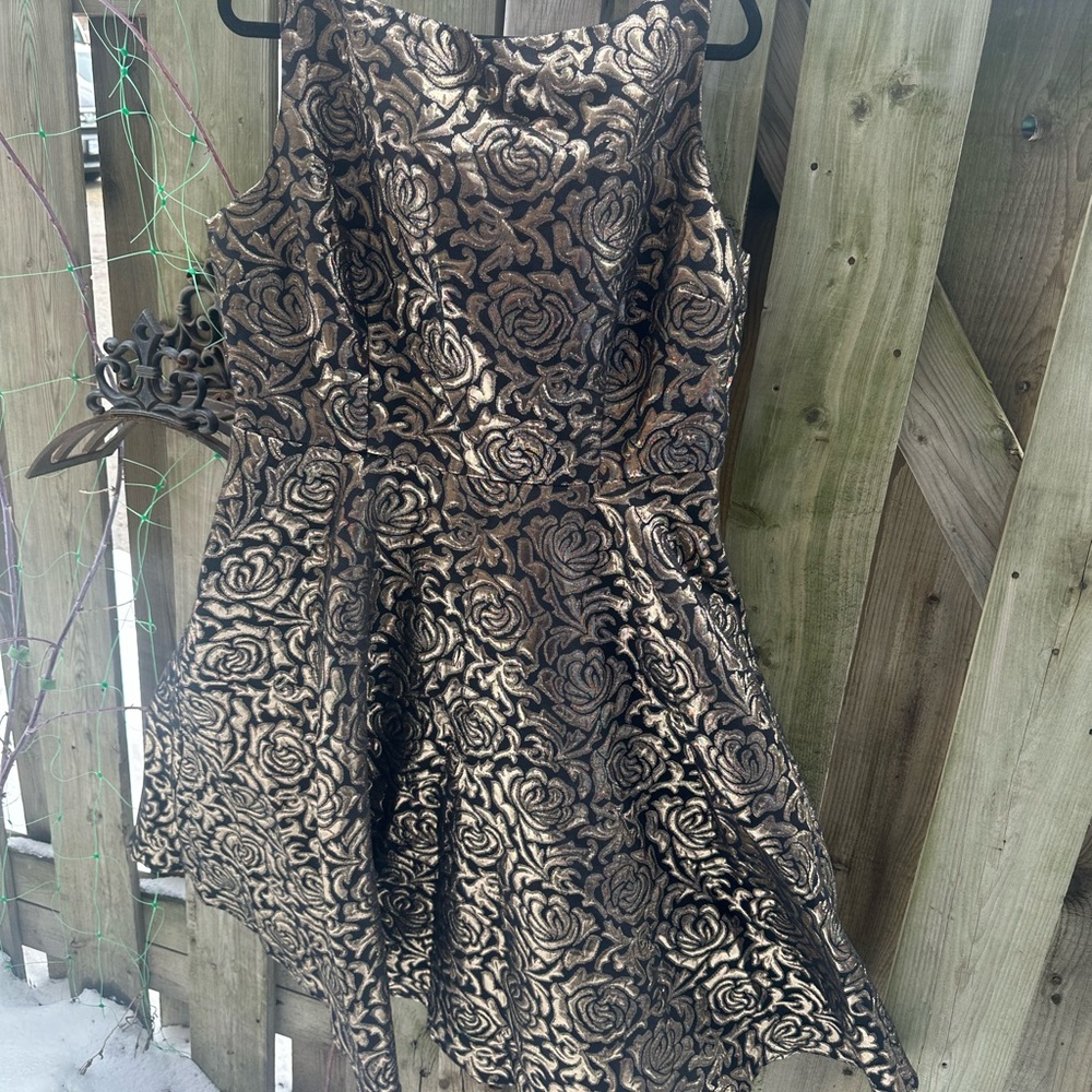 Tatyana Black and Gold Rose Pattern Midi Dress